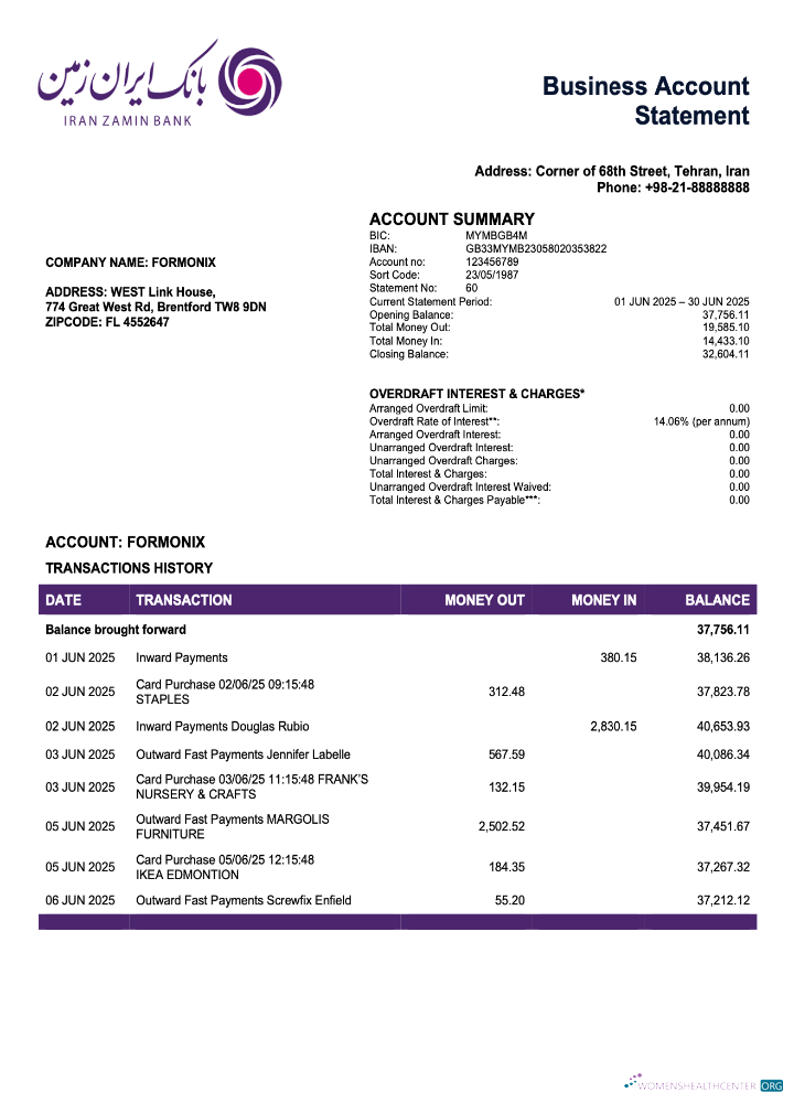 Download Iran Zamin bank firm account statement Word and PDF template Photoshop template